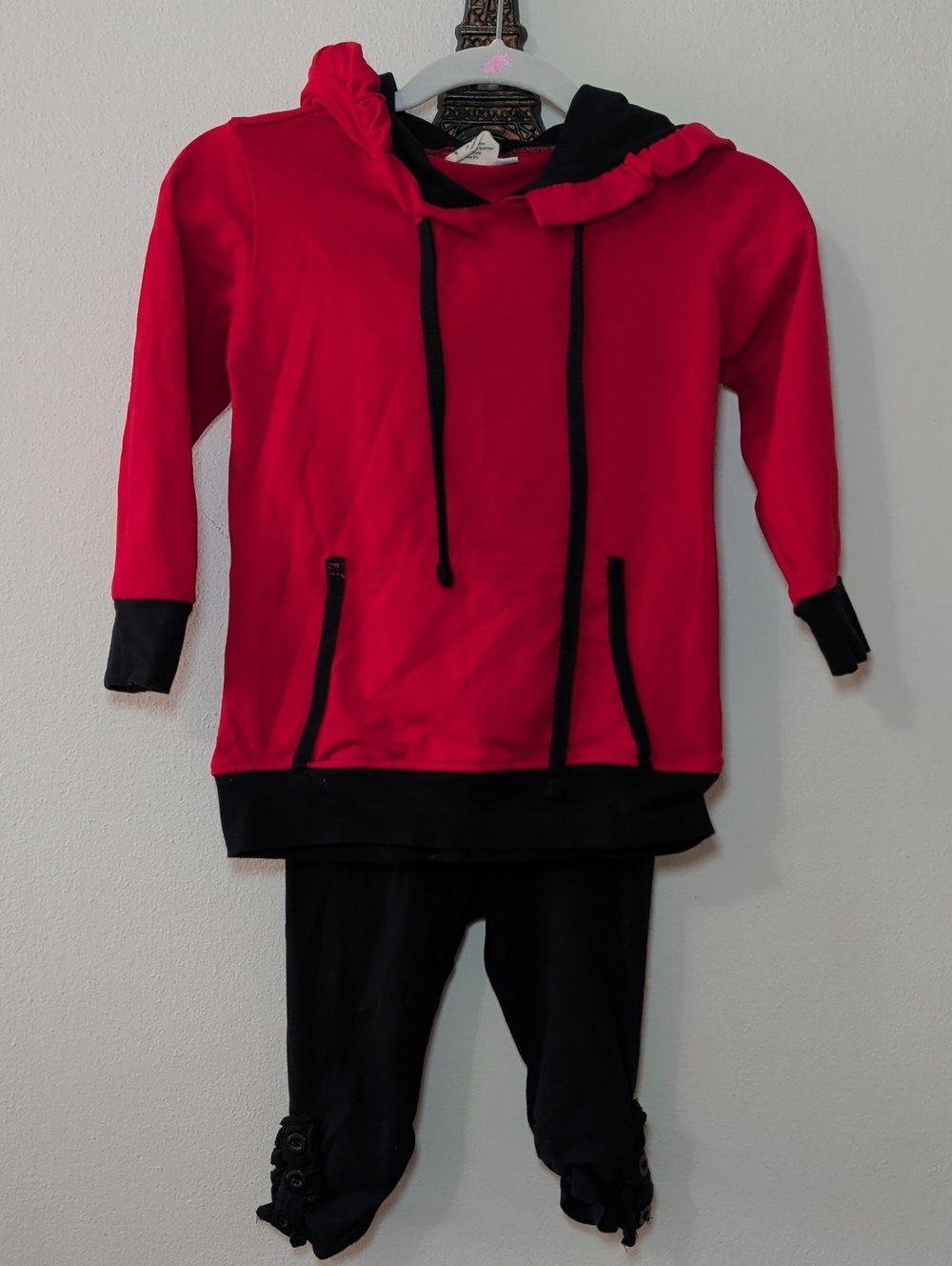 Little Fashionista Red Riding Hood Set Hoodie Black Button-Hem Pants Girl Size 2
